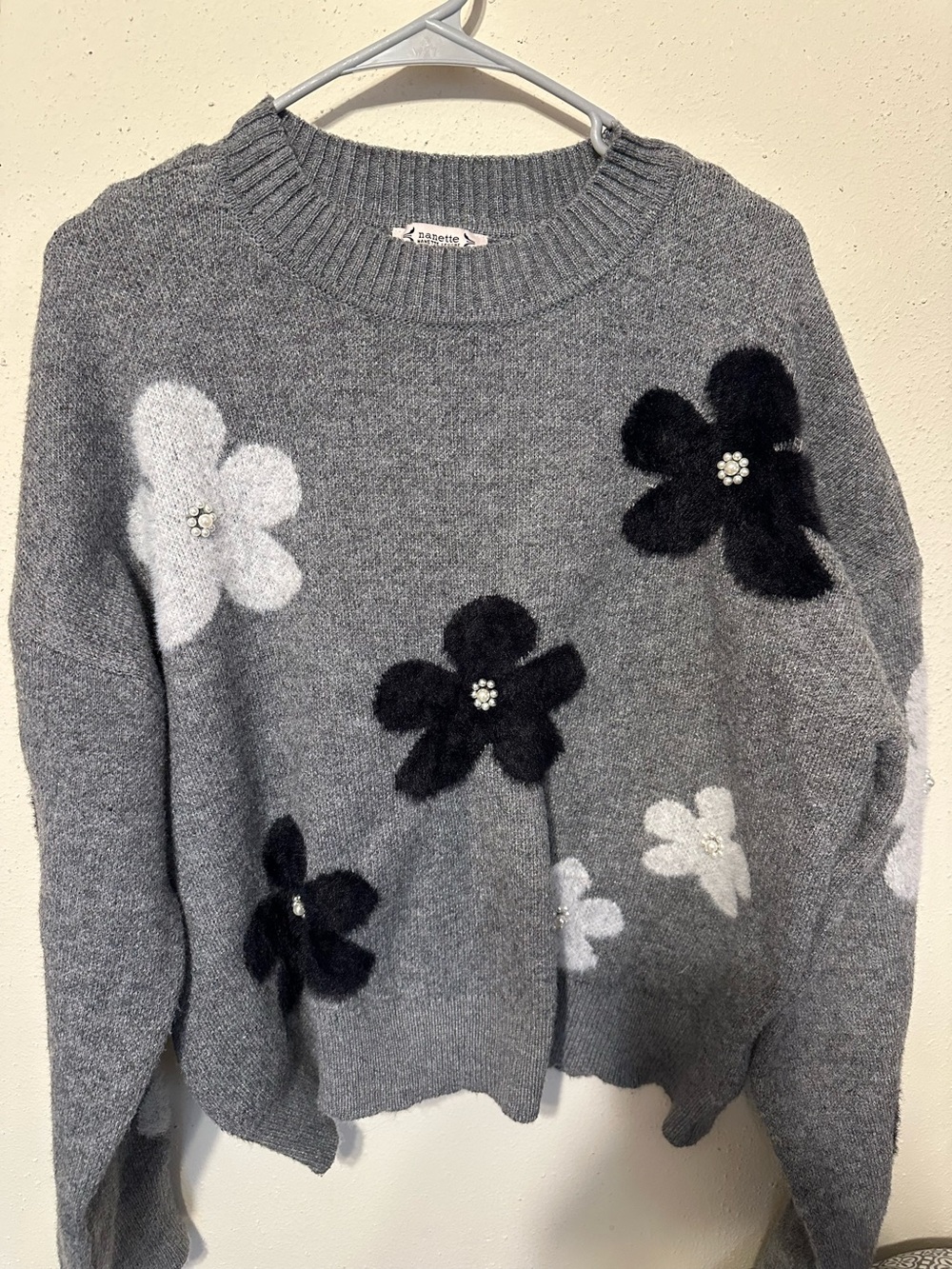 Nanette Lenore Gray Floral Appliqué Crewneck Sweater